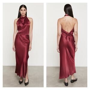 ENZA COSTA Satin Bias Slip Skirt Women Small Ruby Red Maxi Side Slit Pull On NEW